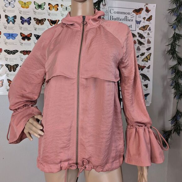 Halogen Satin Uility Jacket Pink Bomber Bell Sleeve Raglan Adjustable Zip Small - Picture 5 of 11